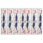 Nautical Coral Orange Navy Whales Ropes and Banner Fabric