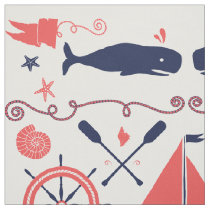Nautical Coral Orange Navy Whales Ropes and Banner Fabric