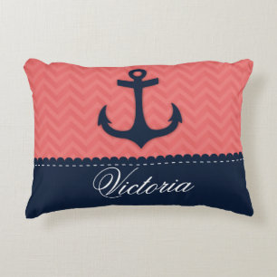 Nautical Coral Pink Navy Blue Anchor Custom Name Accent Pillow