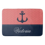 Nautical Coral Pink Navy Blue Anchor Custom Name Bathroom Mat