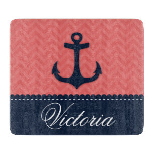 Nautical Coral Pink Navy Blue Anchor Custom Name Cutting Board