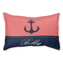 Nautical Coral Pink Navy Blue Anchor Custom Name Pet Bed