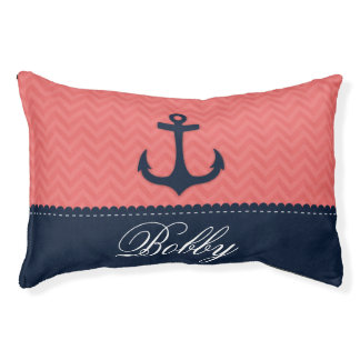 Nautical Coral Pink Navy Blue Anchor Custom Name Pet Bed