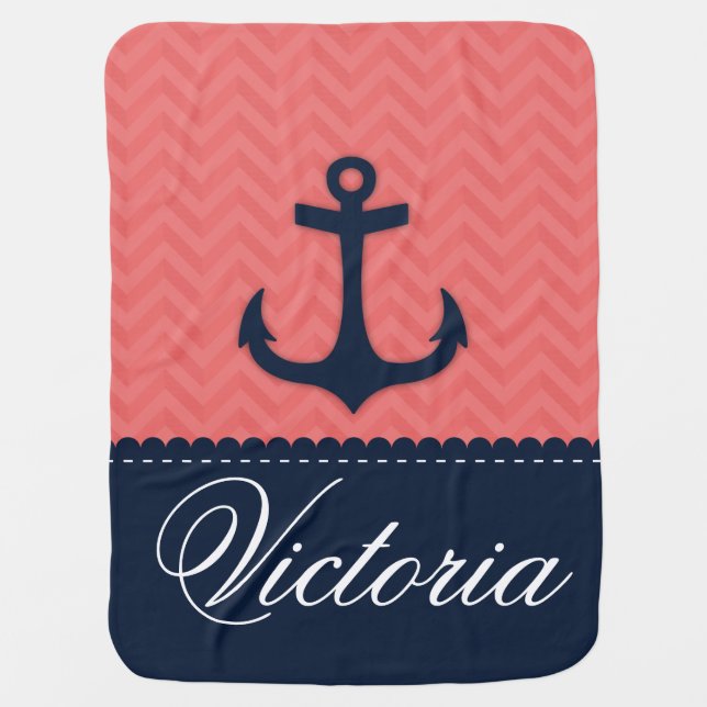 Nautical Coral Pink Navy Blue Anchor Custom Name Receiving Blanket (Front)