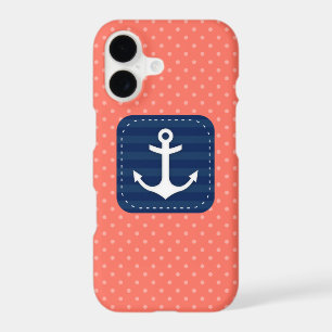 Nautical Coral Polka Dot Pattern Navy Blue Anchor iPhone 17 Case