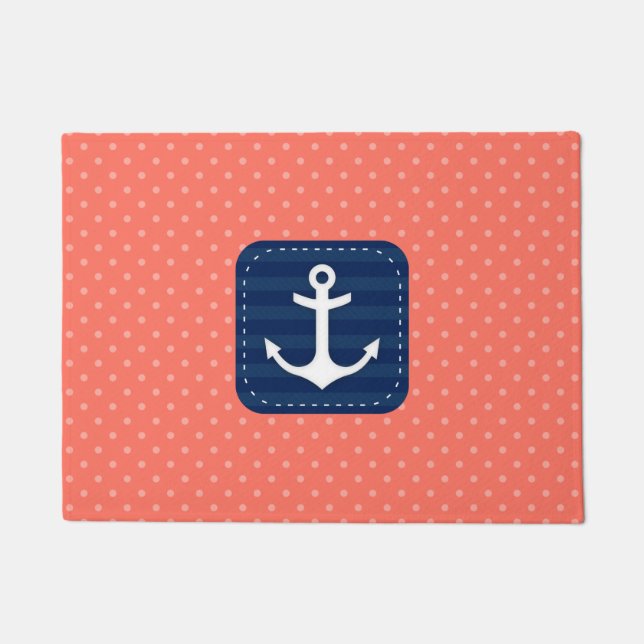 Nautical Coral Polka Dot Pattern Navy Blue Anchor Doormat (Front)
