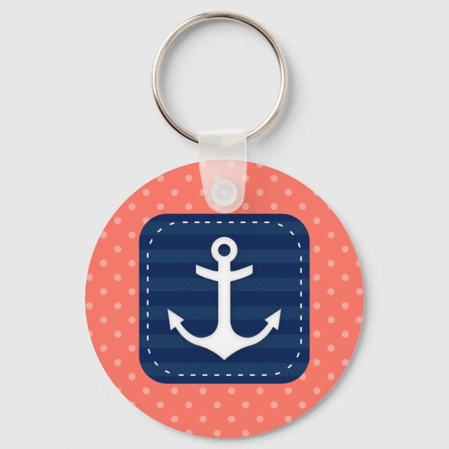Nautical Coral Polka Dot Pattern Navy Blue Anchor Keychain (Front)