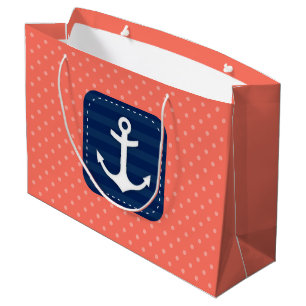 Nautical Coral Polka Dot Pattern Navy Blue Anchor Large Gift Bag