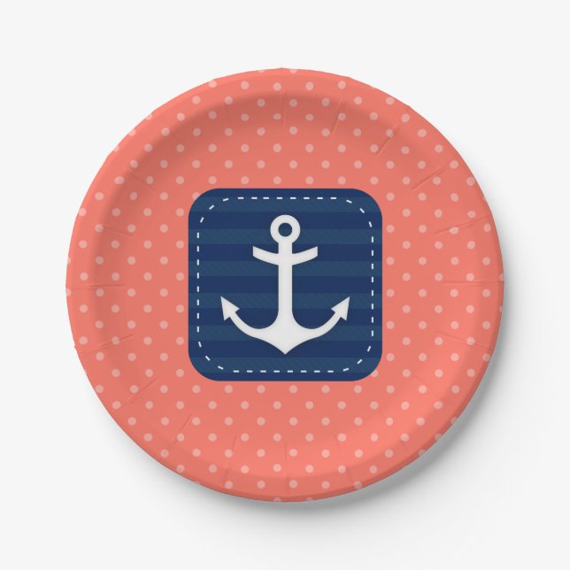 Nautical Coral Polka Dot Pattern Navy Blue Anchor Paper Plates (Front)
