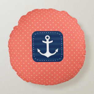 Nautical Coral Polka Dot Pattern Navy Blue Anchor Round Pillow