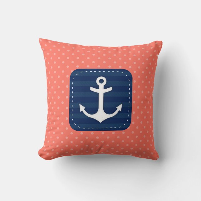 Nautical Coral Polka Dot Pattern Navy Blue Anchor Throw Pillow (Front)