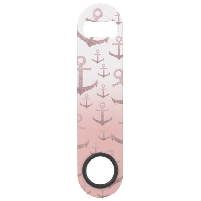 Nautical coral rose gold glitter anchor pattern bar key (Front)