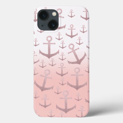 Nautical coral rose gold glitter anchor pattern iPhone 13 case