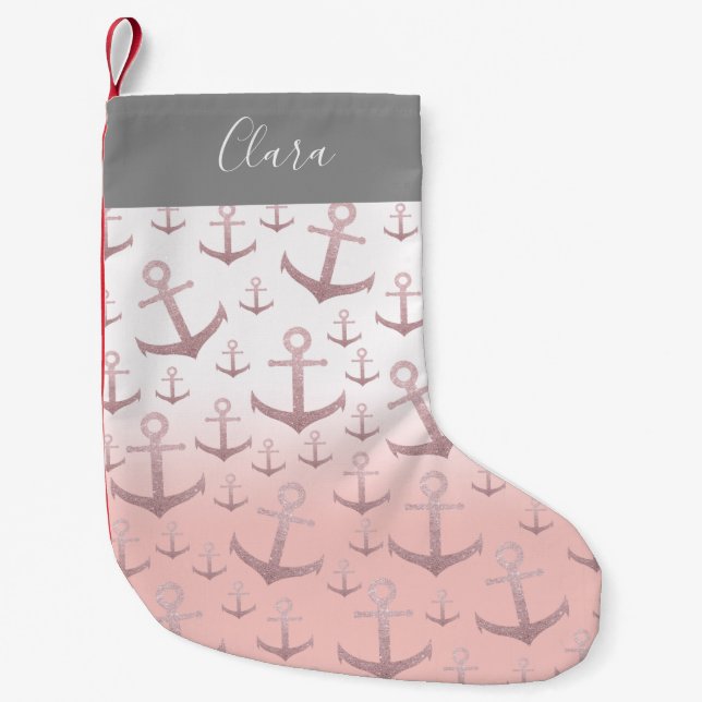 Nautical coral rose gold glitter anchor pattern small christmas stocking (Front)