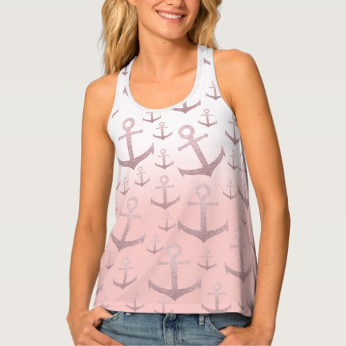Nautical coral rose gold glitter anchor pattern tank top