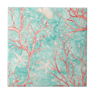 Nautical Coral Starfish Pattern Ceramic Tile