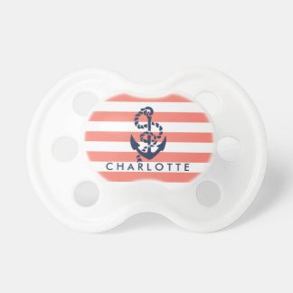 Nautical Coral Stripe Anchor Personalized Pacifier