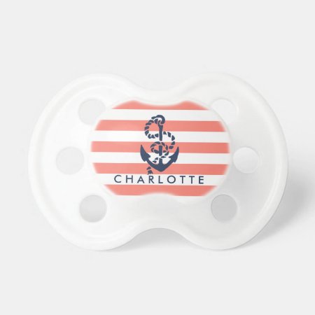 Nautical Coral Stripe Anchor Personalized Pacifier