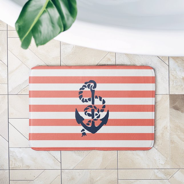 Nautical Coral Stripe & Navy Anchor Bath Mat (Creator Uploaded)