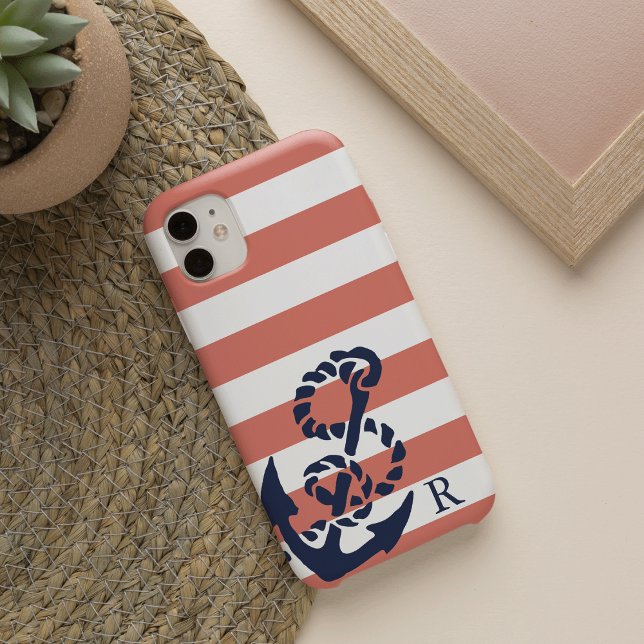 Nautical Coral Stripe & Navy Anchor Monogram Case-Mate iPhone Case (Creator Uploaded)