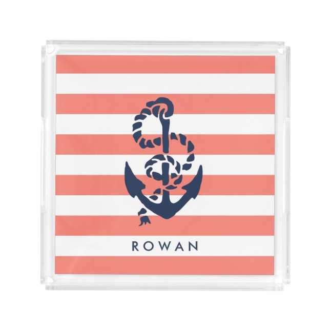 Nautical Coral Stripe & Navy Anchor Personalized Acrylic Tray (Front)