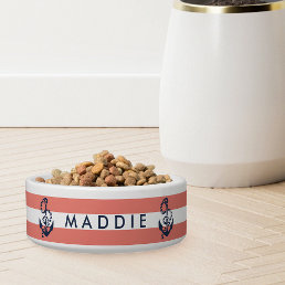 Nautical Coral Stripe &amp; Navy Anchor Personalized Bowl