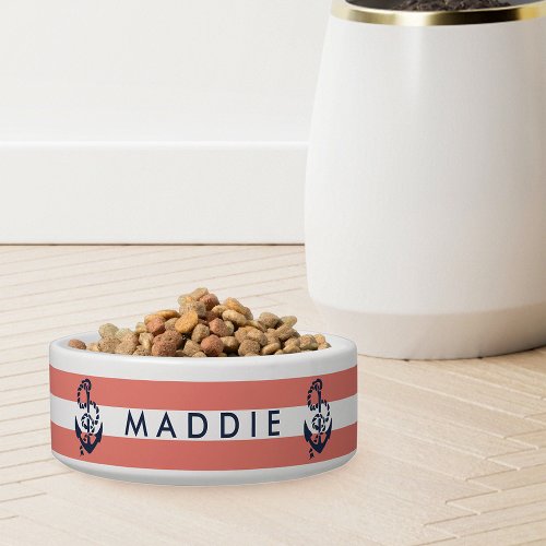Nautical Coral Stripe  Navy Anchor Personalized Bowl