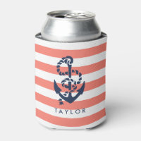 Nautical Coral Stripe & Navy Anchor Personalized Can Cooler