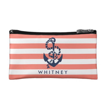 Nautical Coral Stripe & Navy Anchor Personalized Cosmetic Bag