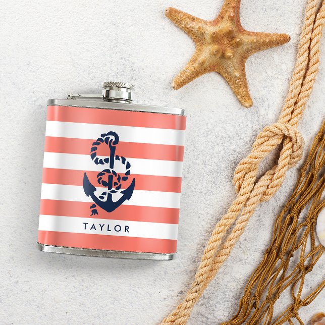 Nautical Coral Stripe & Navy Anchor Personalized Flask (Creator Uploaded)