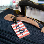Nautical Coral Stripe Navy Anchor Personalized Luggage Tag<br><div class="desc">Design features a rope and anchor illustration in classic navy blue on a coral and white stripe background. Customize with your name and contact details on back; wording on front is customizable as well. Coordinating accessories available in our shop!</div>