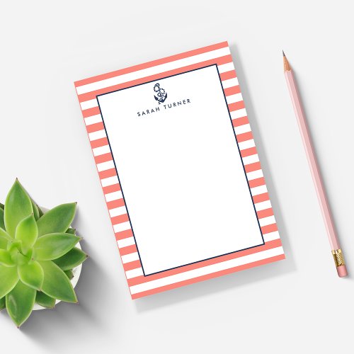 Nautical Coral Stripe  Navy Anchor Personalized Post_it Notes