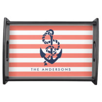 Nautical Coral Stripe &amp; Navy Anchor Personalized Serving Tray