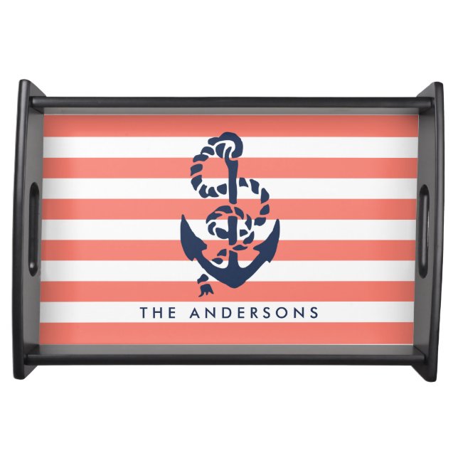 Nautical Coral Stripe & Navy Anchor Personalized Serving Tray (Front)