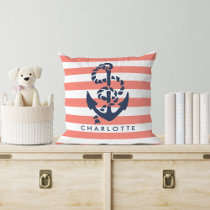 Nautical Coral Stripe & Navy Anchor Personalized Throw Pillow