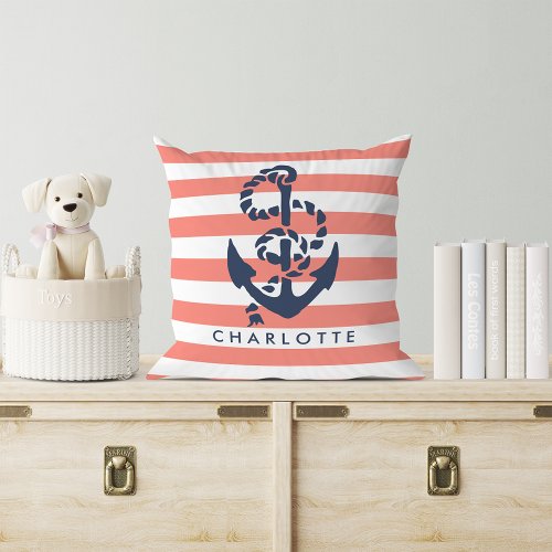 Nautical Coral Stripe  Navy Anchor Personalized Throw Pillow
