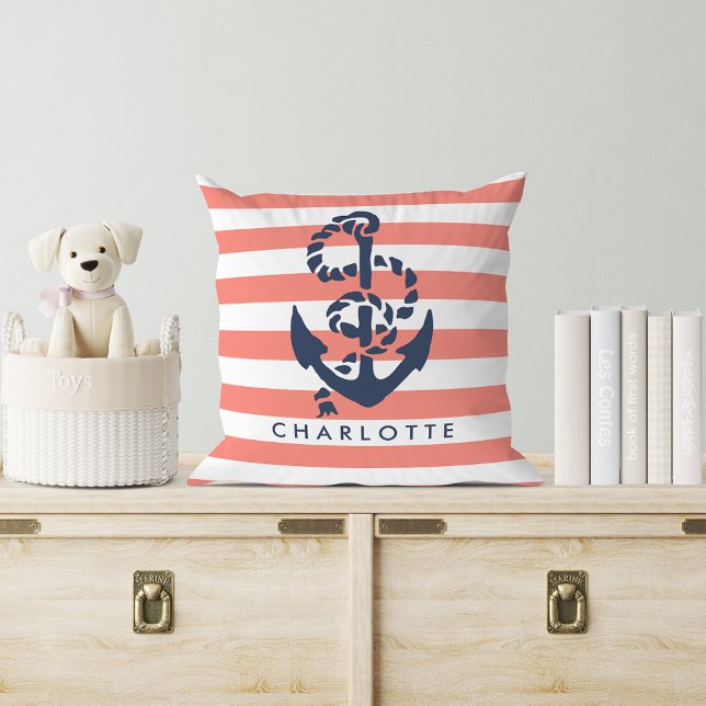 Nautical Coral Stripe & Navy Anchor Personalized Throw Pillow (Creator Uploaded)