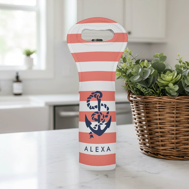 Nautical Coral Stripe & Navy Anchor Personalized Wine Bag (Creator Uploaded)