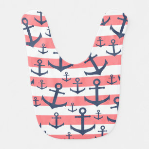 Nautical coral stripe navy blue anchor pattern baby bib