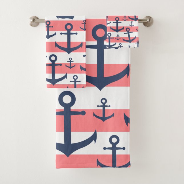 Nautical coral stripe navy blue anchor pattern bath towel set (Insitu)