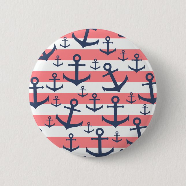Nautical coral stripe navy blue anchor pattern button (Front)