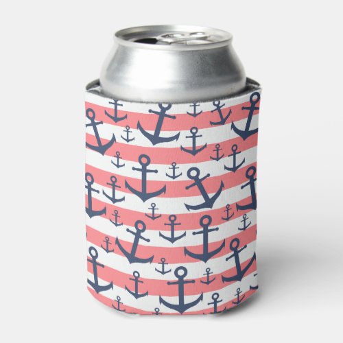 Nautical coral stripe navy blue anchor pattern can cooler