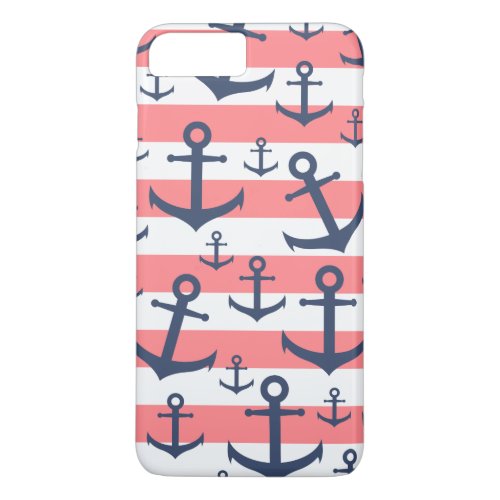 Nautical coral stripe navy blue anchor pattern iPhone 8 plus7 plus case