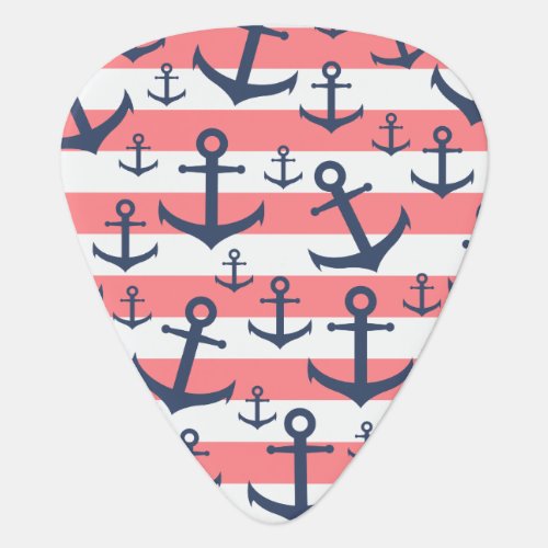 Nautical coral stripe navy blue anchor pattern guitar pick