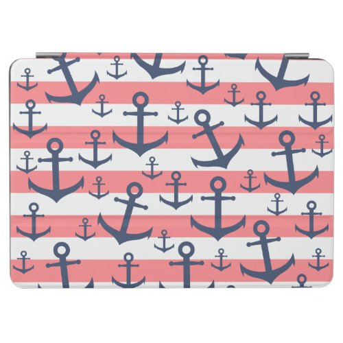 Nautical coral stripe navy blue anchor pattern iPad air cover