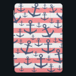 Nautical coral stripe navy blue anchor pattern iPad pro cover<br><div class="desc">Summer design featuring navy blue anchor pattern on a coral and white stripe background.</div>