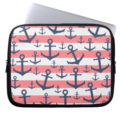 Nautical coral stripe navy blue anchor pattern laptop sleeve