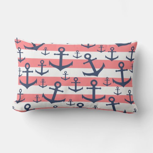 Nautical coral stripe navy blue anchor pattern lumbar pillow