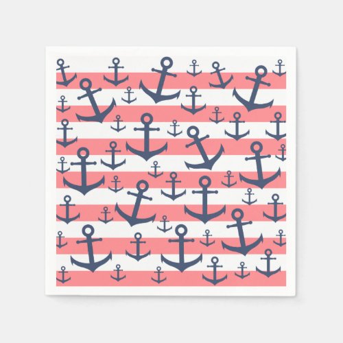 Nautical coral stripe navy blue anchor pattern napkins