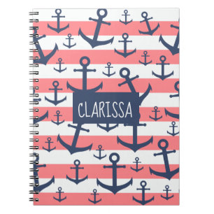 Nautical coral stripe navy blue anchor pattern notebook